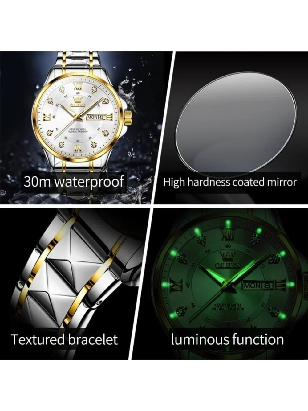 Olevs Men's Silver Gold Stainless White Face Analog Waterproof Luminous Watch
